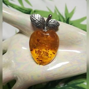 VINTAGE 925 Sterling Silver & Amber Apple Brooch